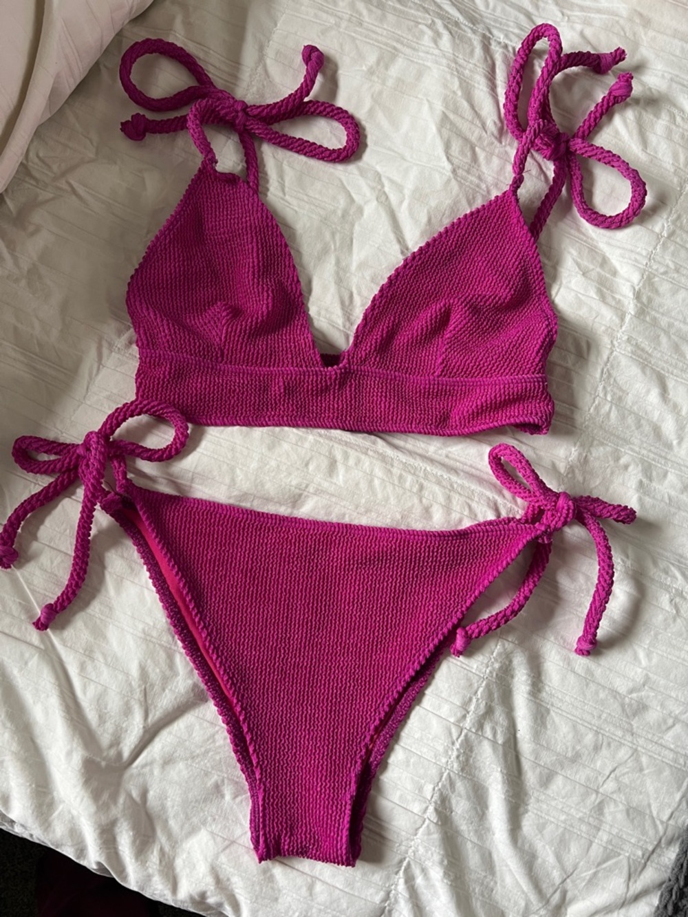 Fuchsia Textured Tie-Side Bikini Set